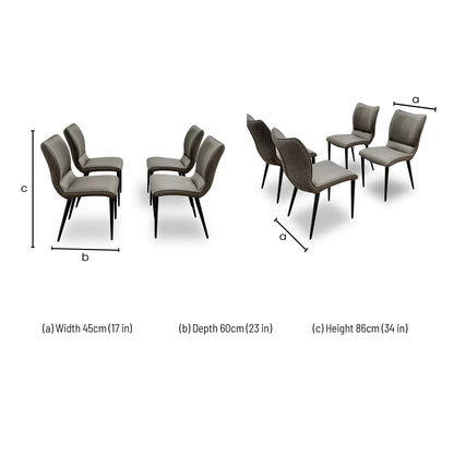 Dimensions for the Murcia Antiqued Grey Fabric Dining Chairs.