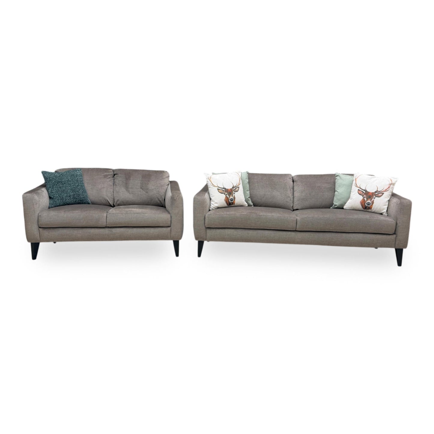 Front view of the Oslo Vogue 3 and 2-seater sofa set in stone velvet, showcasing its modern clean lines, deep padded seats, and neutral luxury living room aesthetic.