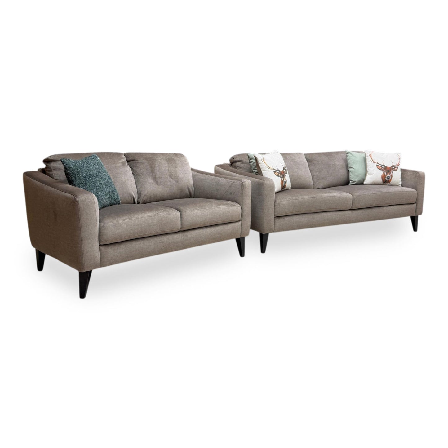 Full view of the Oslo Vogue 3 and 2-seater sofa set in stone velvet, showcasing its modern clean lines, deep padded seats, and neutral luxury living room aesthetic.