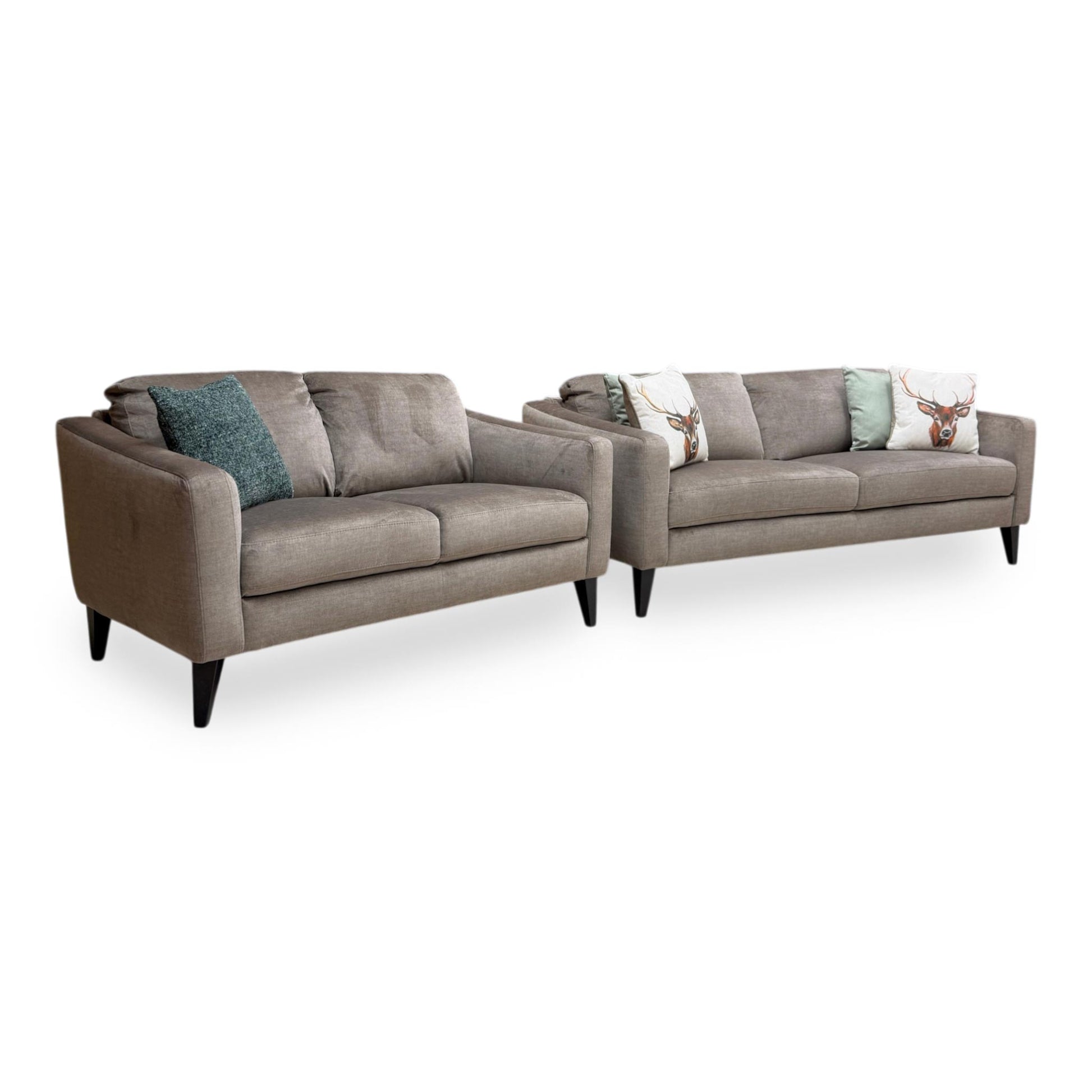 Full view of the Oslo Vogue 3 and 2-seater sofa set in stone velvet, showcasing its modern clean lines, deep padded seats, and neutral luxury living room aesthetic.
