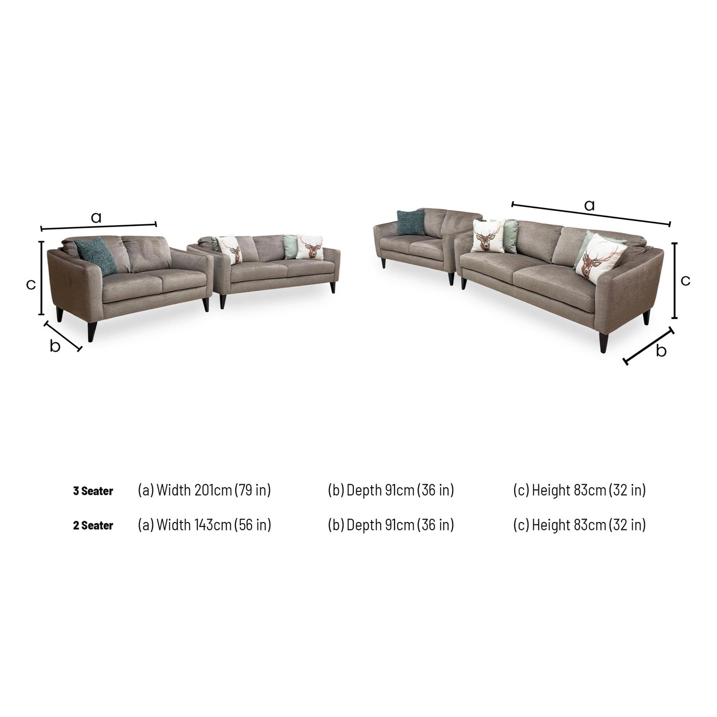 Technical dimension graphic for the Oslo Vogue velvet sofa suite, indicating the exact width, frame depth, total height, and armrest dimensions for both the 3-seater and 2-seater.