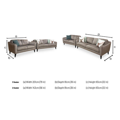Technical dimension graphic for the Oslo Vogue velvet sofa suite, indicating the exact width, frame depth, total height, and armrest dimensions for both the 3-seater and 2-seater.