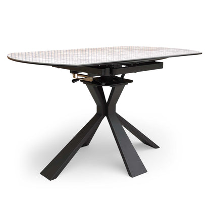 Side view the smooth swivel extension mechanism, revealing how the round table effortlessly rotates to extend and accommodate extra seating.