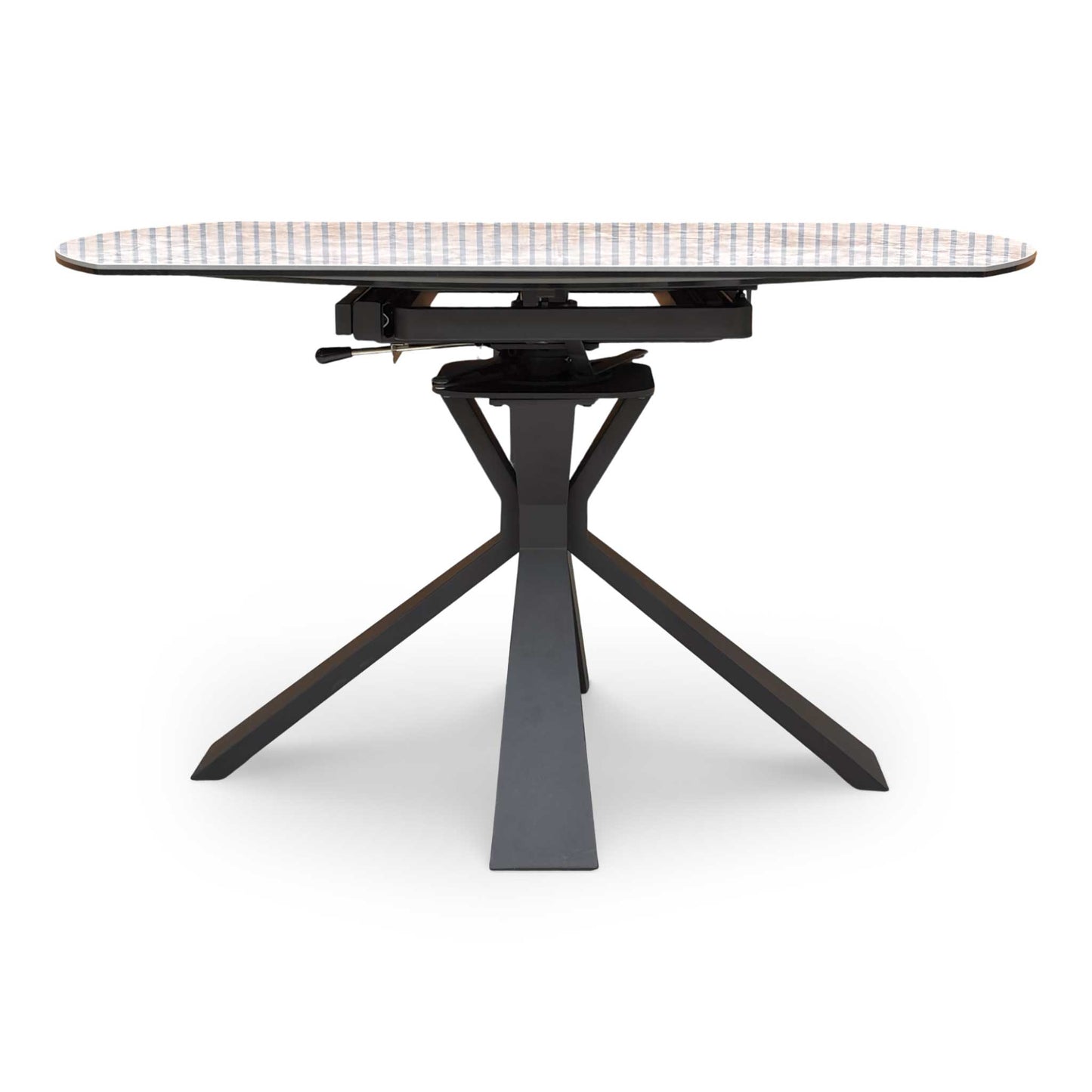 Front view of the Crete white ceramic dining table fully extended, comfortably styled with modern velvet swivel dining chairs.