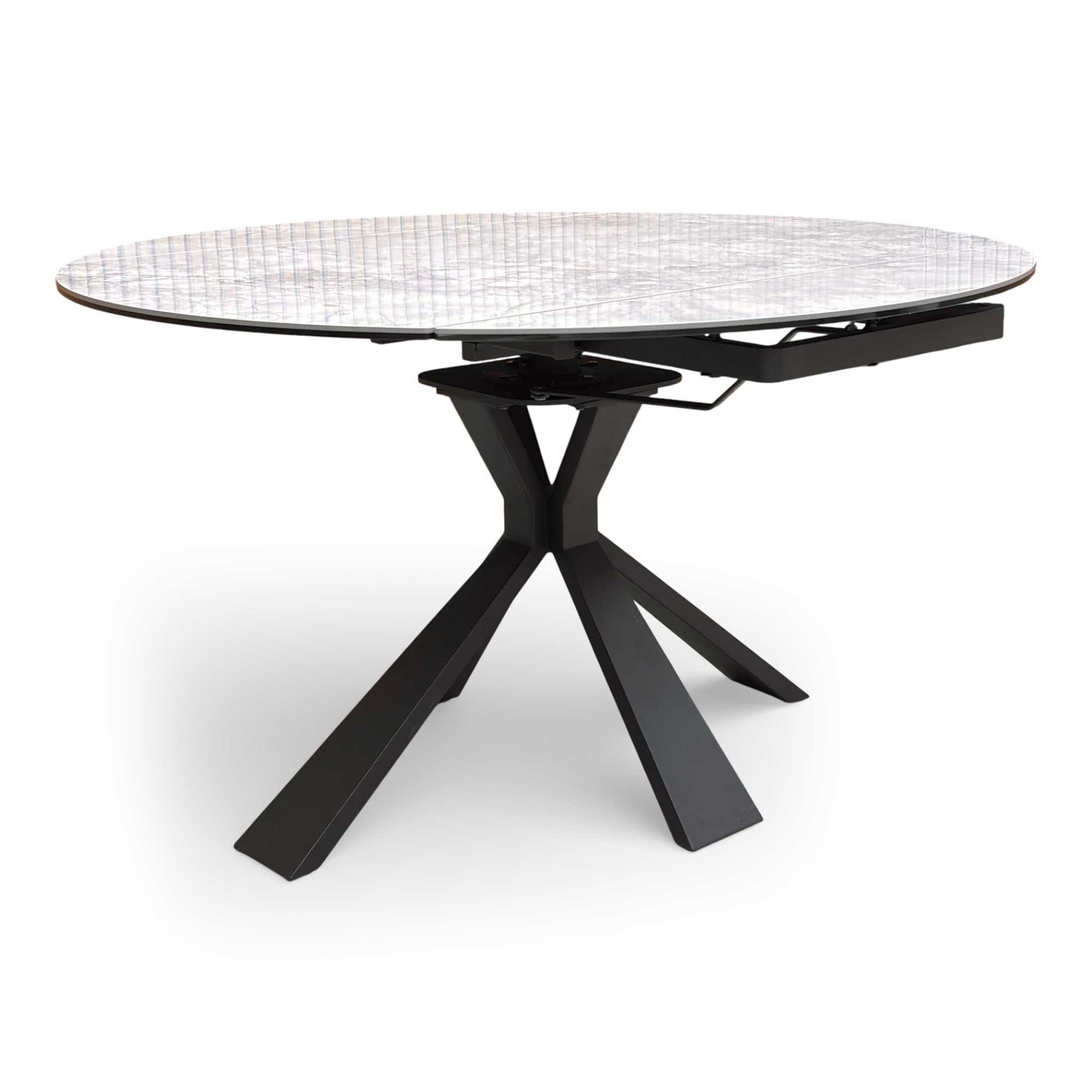 Detail shot of the sculptural, contemporary matte black powder-coated metal legs, emphasizing the generous legroom and sturdy structural stability.
