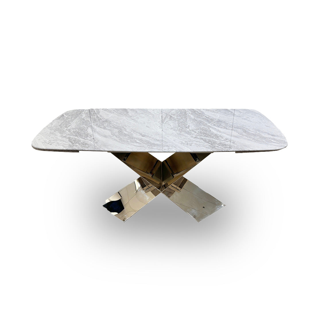 Front view of the Gabana table in a dining room, showcasing its capacity and contemporary design for modern interiors.
