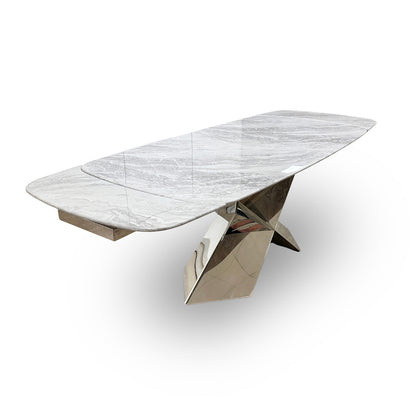 Front view of the Furniture Village ‘Gabana’ 180cm extending dining table, featuring a sleek white real marble top and modern base.