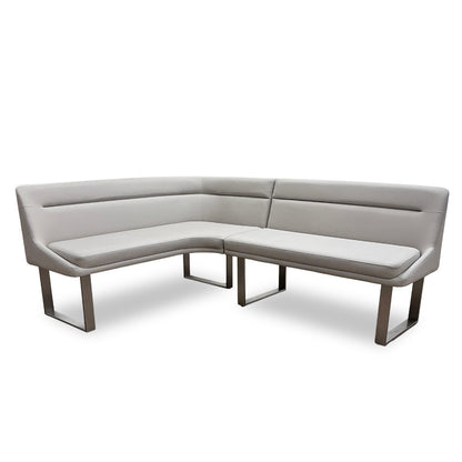 Full view of the 'Avorio' left-hand facing corner dining bench in neutral faux leather with black U-shaped metal legs.