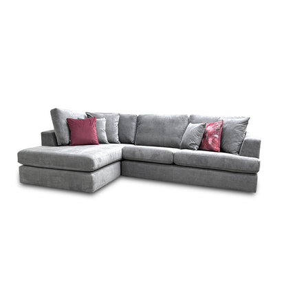 Front-facing view focusing on the wide seating cushions and the sleek silhouette of the left-hand facing configuration.