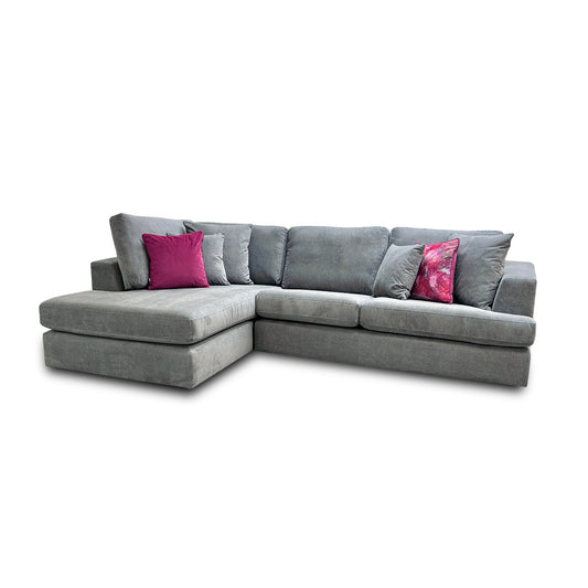 Front view of the Stratus Graphite Gracelands Fabric Corner Sofa, showcasing its contemporary left-hand facing open-end chaise design.
