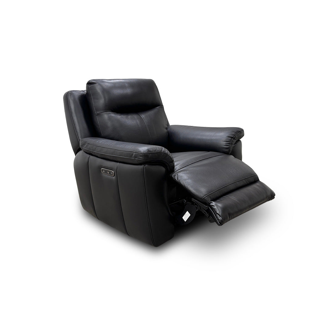 Angled view of the entire 'Bobby' power recliner chair in its upright, non-reclined position.