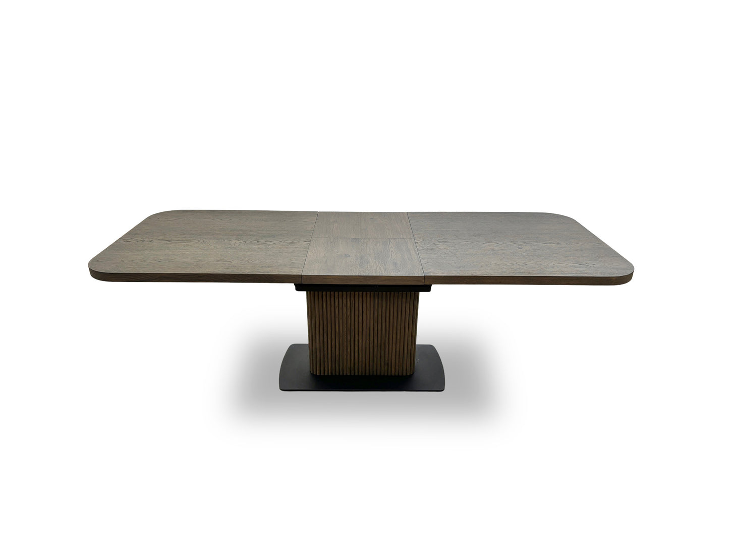 Close-up of the dark oak veneer tabletop, highlighting the wood grain texture and rounded corner detail.