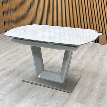 'Grigio' Ceramic Top Swivel Extending Dining Table with Grey Fabric Set of 4 Cantilever Dining Chairs