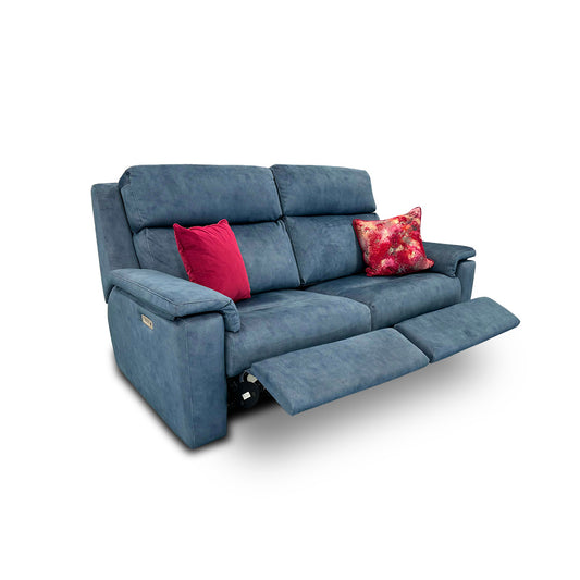 Full view of the G Plan ‘Thornbury’ 3-seater power recliner sofa in Stingray Indigo velvet.