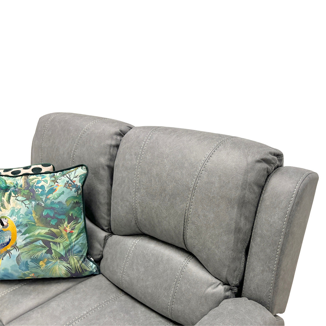 Close-up view of the grey endurance fabric upholstery, showcasing the durable weave and texture.