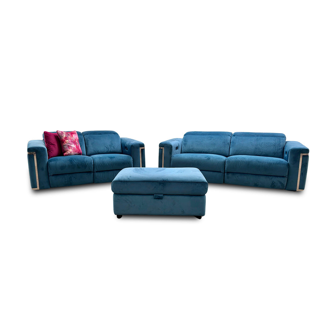 Fabb 'Cora' teal velvet 3-seater power recliner sofa with one or more seats in the fully reclined position, highlighting the extended footrests and power headrests.