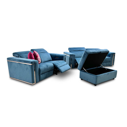 Complete Fabb 'Cora' 3+2 seater power recliner sofa set in luxurious teal velvet, showcasing the 3-seater, 2-seater, and storage footstool.