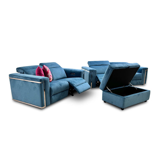 Complete Fabb 'Cora' 3+2 seater power recliner sofa set in luxurious teal velvet, showcasing the 3-seater, 2-seater, and storage footstool.