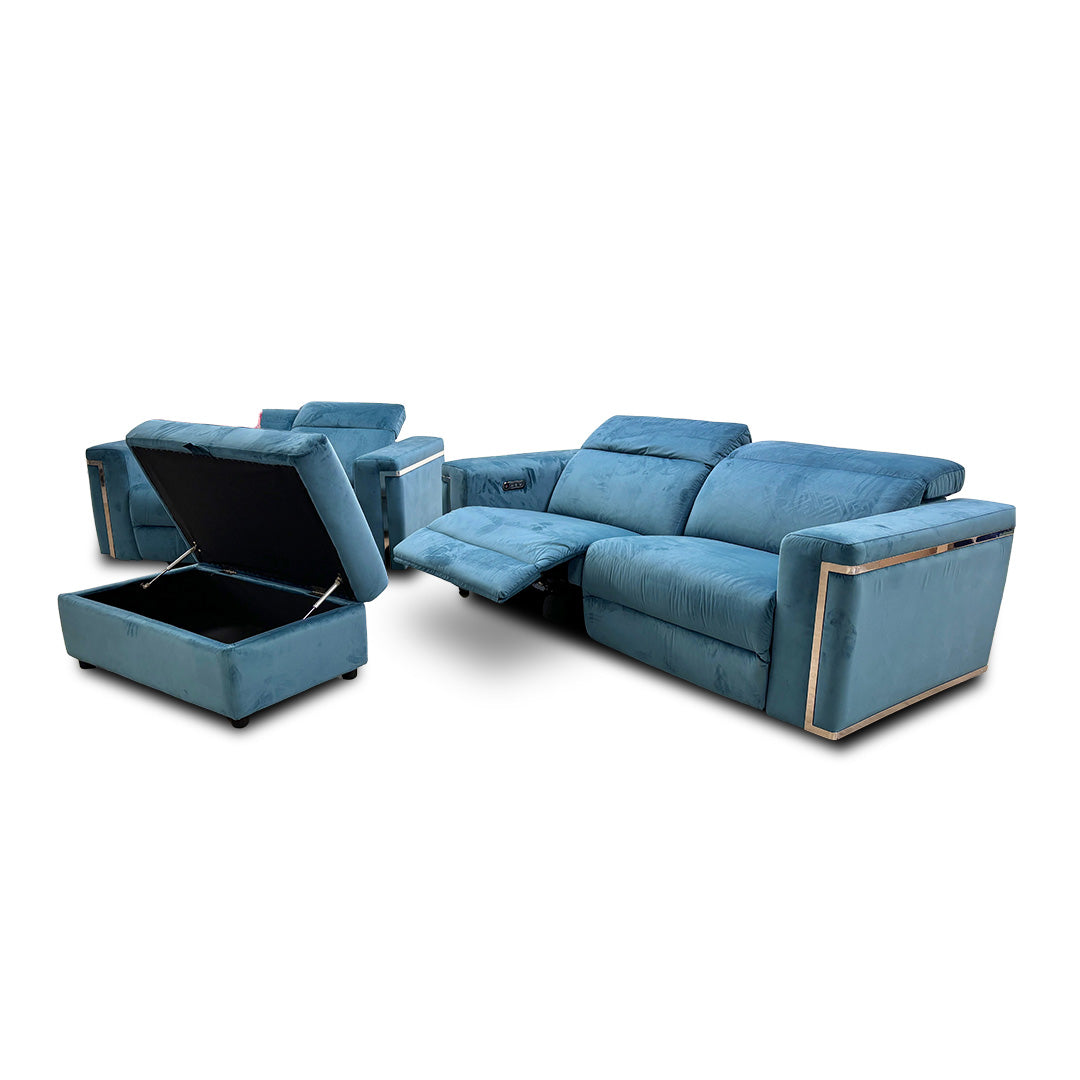 Fabb 'Cora' storage footstool upholstered in matching teal velvet, shown with the lid open to display the internal storage space.