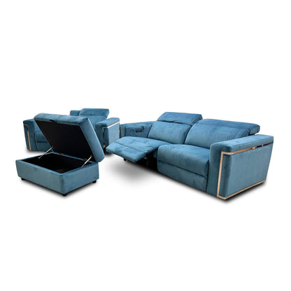 Fabb 'Cora' storage footstool upholstered in matching teal velvet, shown with the lid open to display the internal storage space.