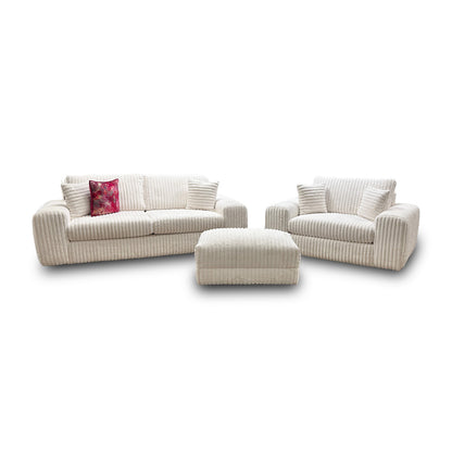 'Rib' Ivory Soft Fur Cord Fabric 3 Seater Sofa + Snuggler + Footstool