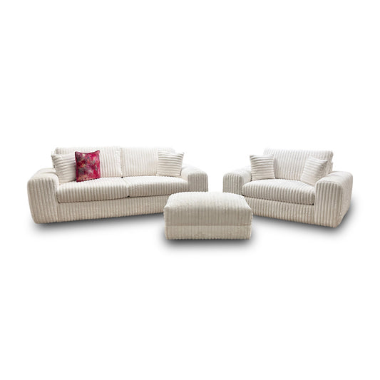 'Rib' Ivory Soft Fur Cord Fabric 3 Seater Sofa + Snuggler + Footstool
