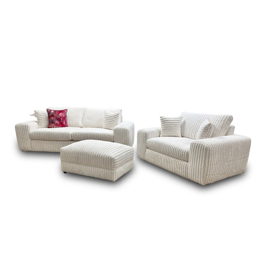 'Rib' Ivory Soft Fur Cord Fabric 3 Seater Sofa + Snuggler + Footstool