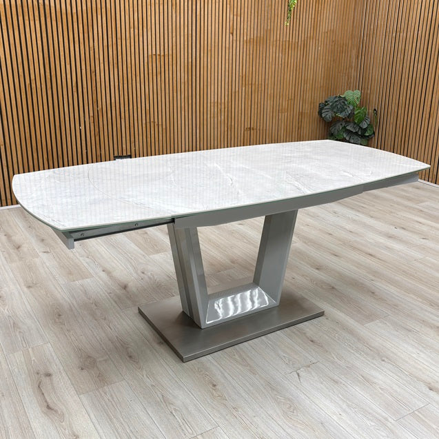 'Grigio' Ceramic Top Swivel Extending Dining Table with Grey Fabric Set of 4 Dining Chairs