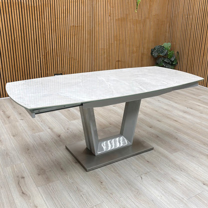 'Grigio' Ceramic Top Swivel Extending Dining Table with Grey Fabric Set of 4 Dining Chairs