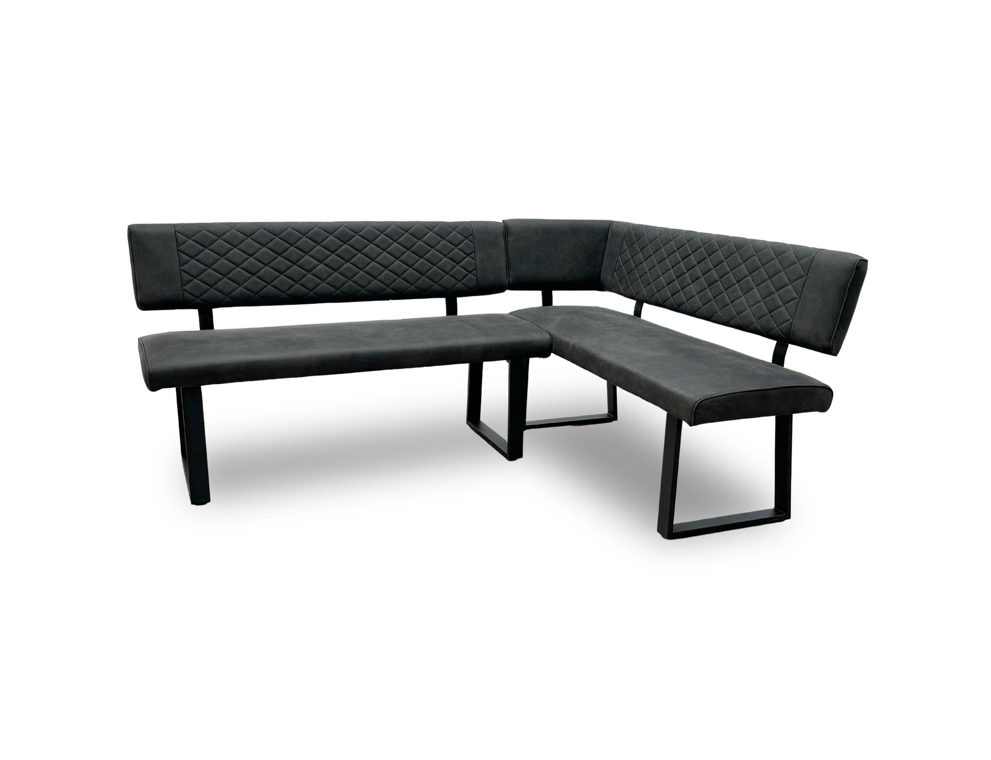 Angled view of the ‘Warrior’ dining bench showing the industrial-style black U-shaped metal legs.