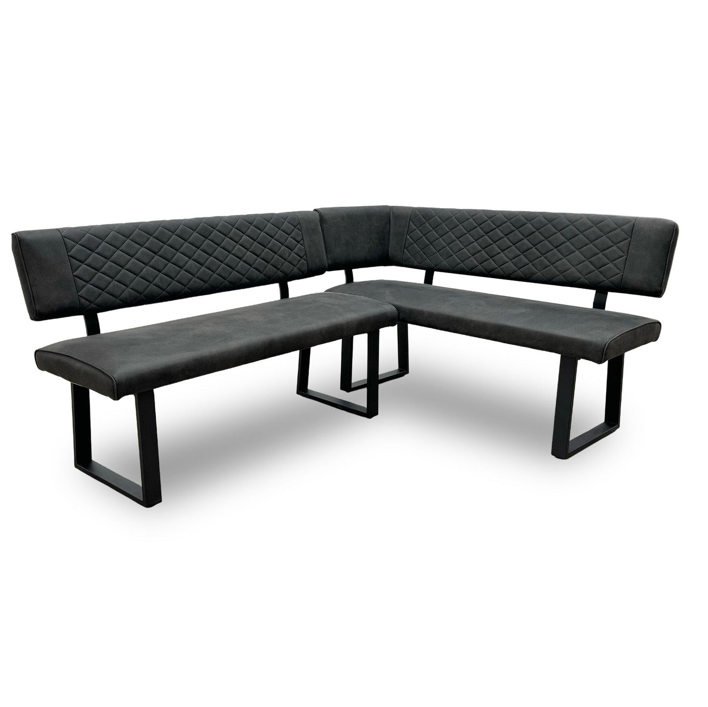 Full view of the ‘Warrior’ grey fabric right hand facing corner dining bench with quilted stitching.