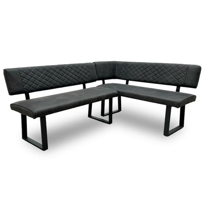 Full view of the ‘Warrior’ grey fabric right hand facing corner dining bench with quilted stitching.