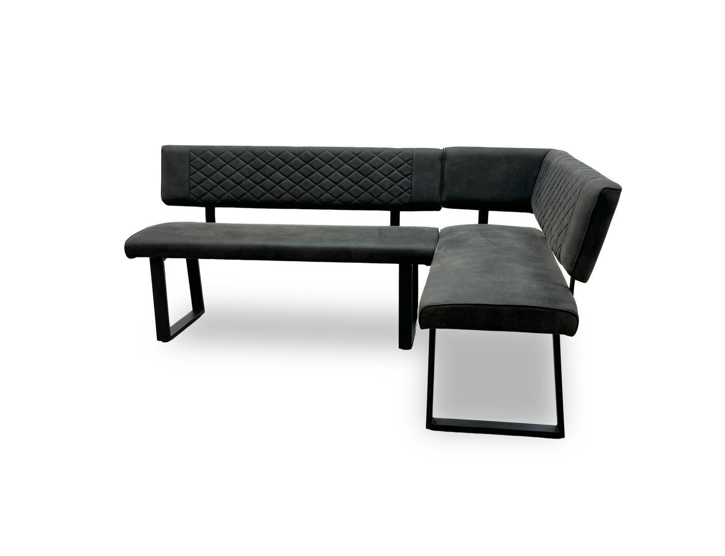 Side view of the Warrior grey upholstered corner dining bench showing the right-hand facing L-shape design.