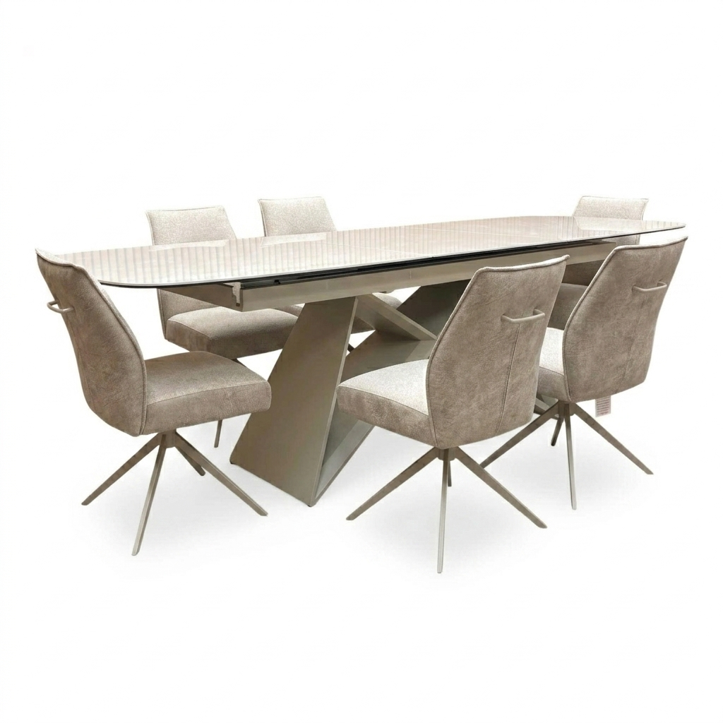 ‘Mirage’ 180cm Large Pop Up Extending Ceramic Dining Table & 6 Swivel Armless Chairs