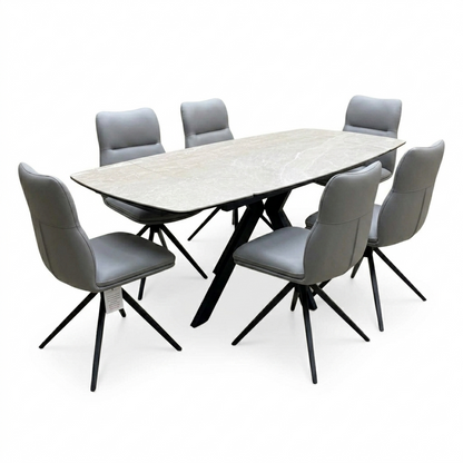 'Quattro' Ash Grey Ceramic Extending Dining Table with 6 Stone Grey Faux Leather Swivel Chairs Set