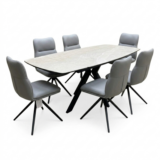 'Quattro' Ash Grey Ceramic Extending Dining Table with 6 Stone Grey Faux Leather Swivel Chairs Set