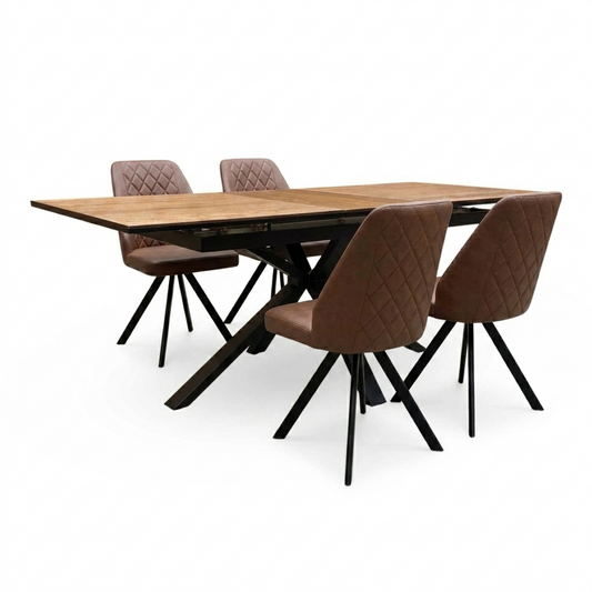 ‘Jupiter’ Dark Oak 160cm Pop Up Extending Dining Table with 4 Tan Brown Faux Leather Swivel Chairs Set