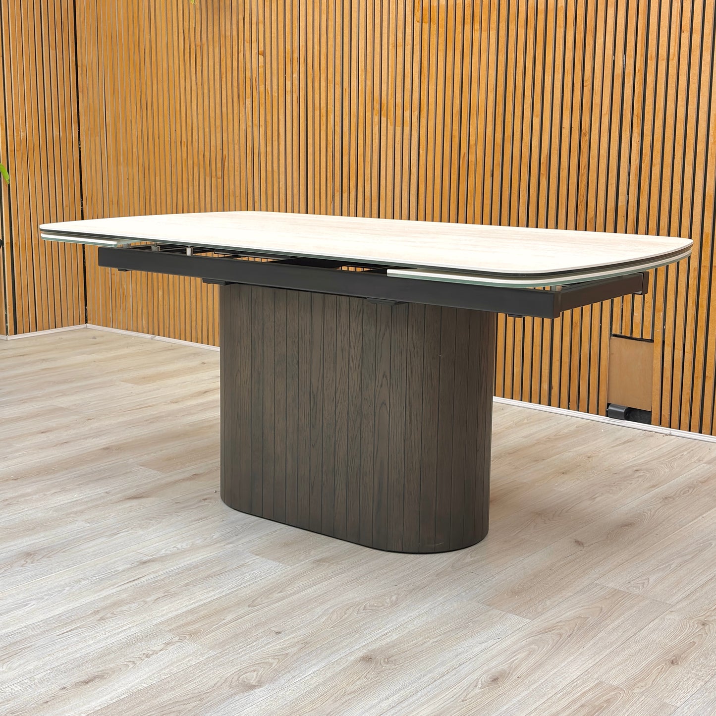 ‘Tiber’ Travertine Ceramic Top 160cm Draw Leaf Extending Dining Table