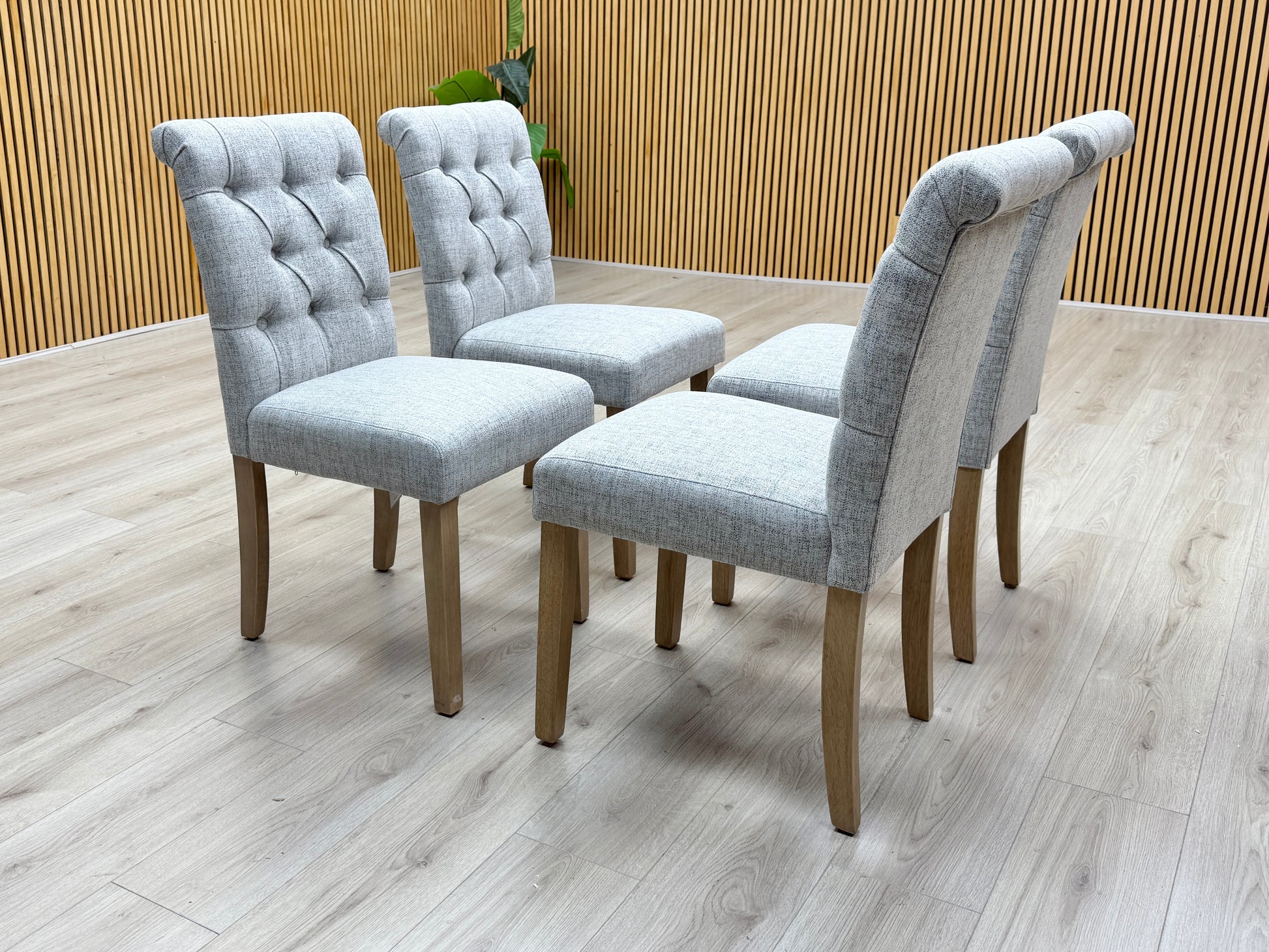 'Lewis' Mist Grey Fabric Button Back Dining Chairs - Set of 4 Furniture Village