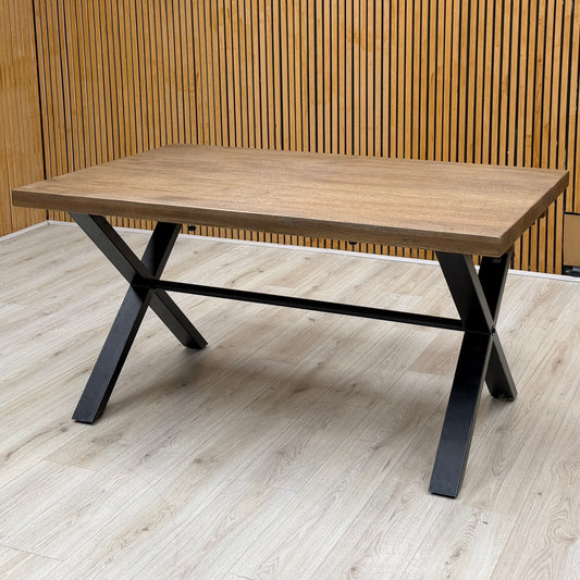 'Jupiter' Dark Oak Solid Oak Dining Table with X Shaped Legs 150 cm + Grey Faux Leather Swivel Chairs Set of 6