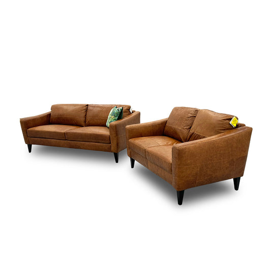'Oslo' Teak Italian Distressed Leather 3 + 2 Seater Sofa Set