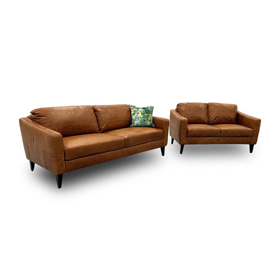 Full view of the ‘Oslo’ 3 + 2 Seater Sofa Set in Teak Italian Distressed Leather, featuring a sleek Scandinavian-inspired design with solid wood frames.