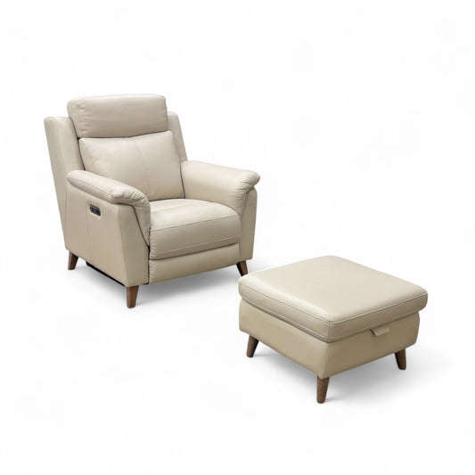'Sienna' Bone China Leather Power Recliner Armchair with Power Headrest + Small Storage Footstool