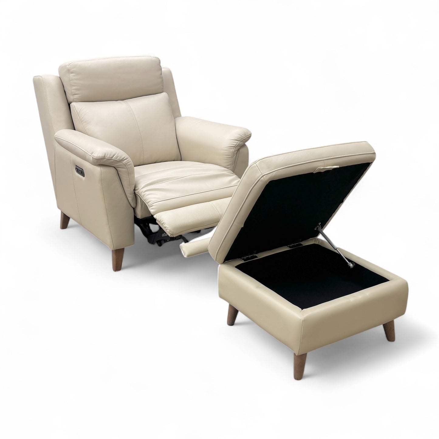 'Sienna' Bone China Leather Power Recliner Armchair with Power Headrest + Small Storage Footstool