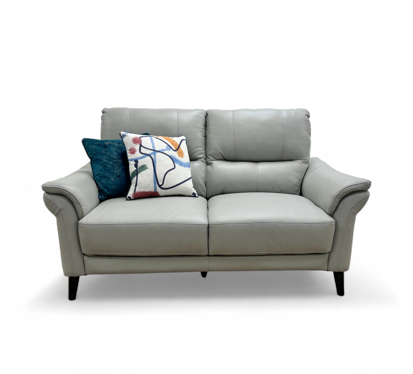 Front-facing view of the ‘Winner’ Oslo 2 Seater Sofa, highlighting the classic silhouette and smooth texture of the light grey leather.