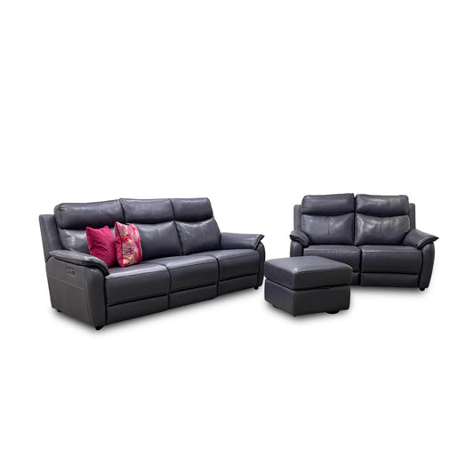 'Oslo' Lavender Grey Leather 3 + 2 Power Recliner Sofa Set with Power Headrests + Storage Footstool