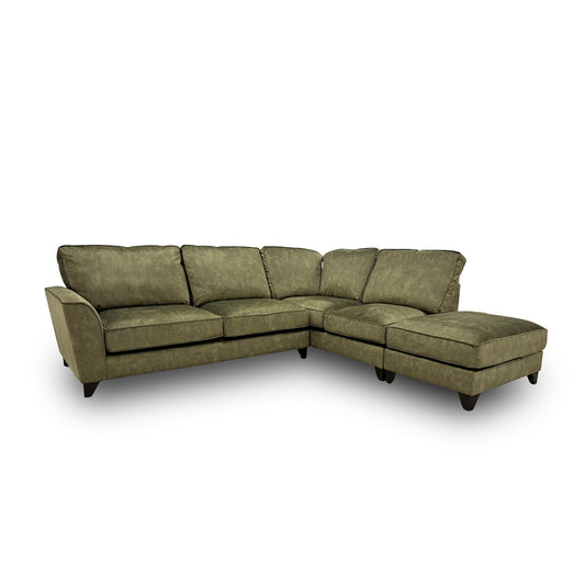 'Legend' Sublime Olive Velvet Classic Back Fabric Corner Sofa + Footstool
