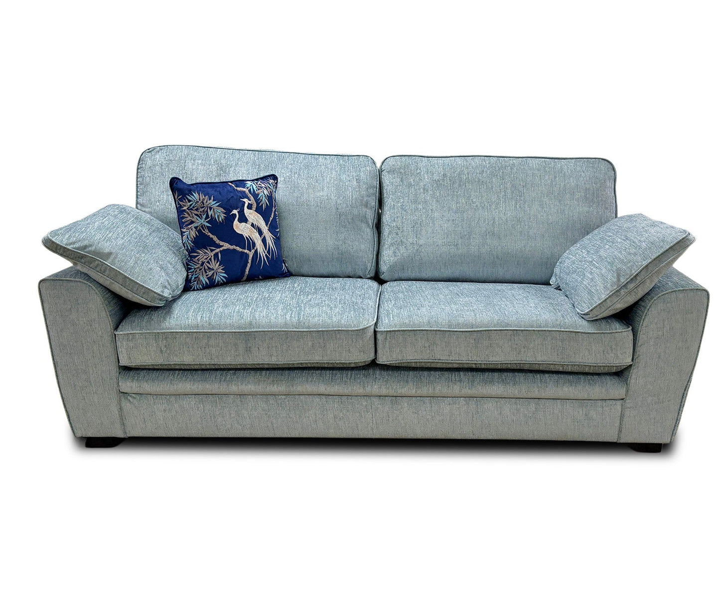 Frontal view of the Sofology ‘Chalfont’ 4-seater sofa in Eau De Nil fabric, featuring a classic design with plush back cushions.