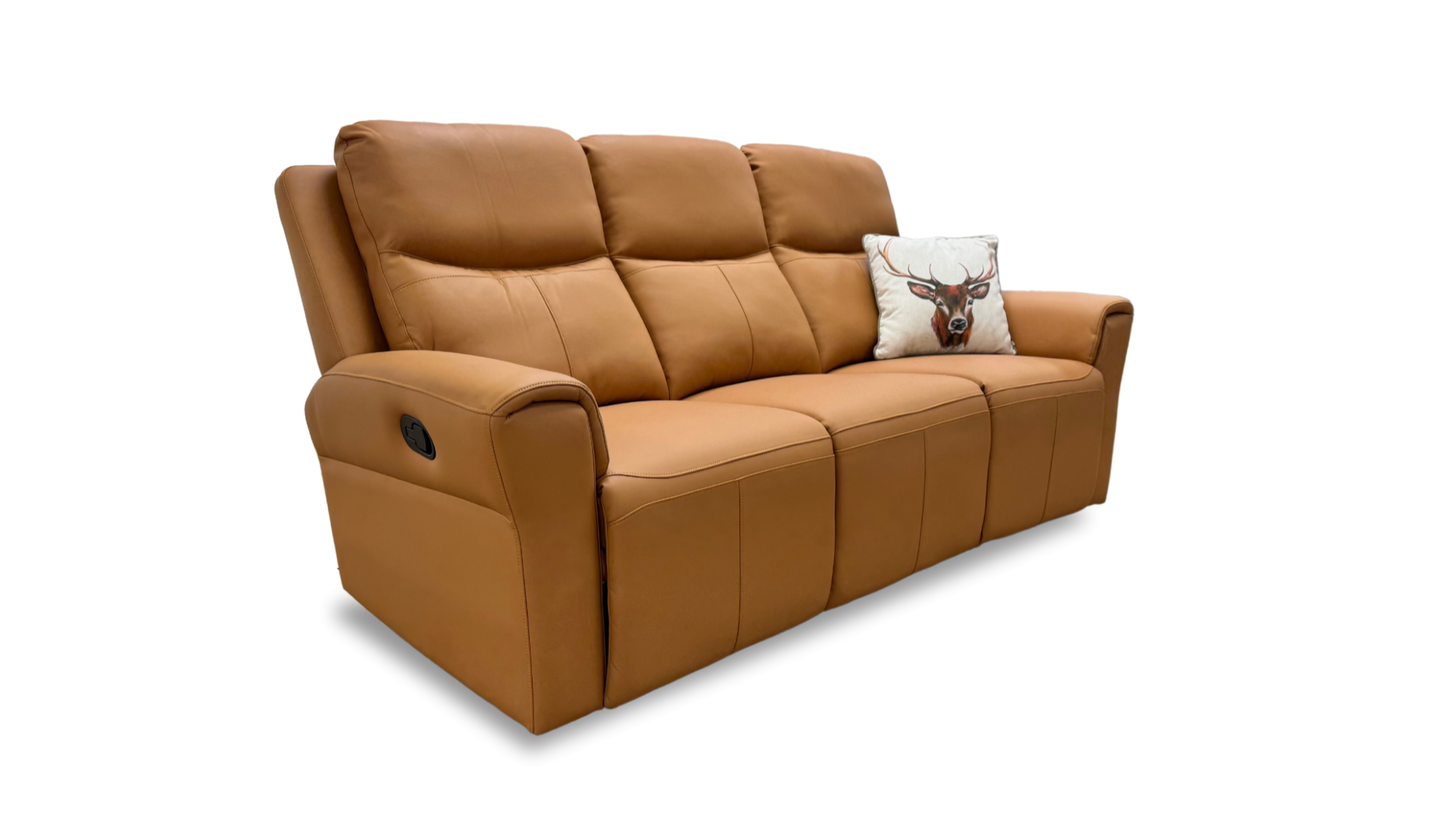 Side profile of the 'Irene' sofa in a reclined position, highlighting the manual handle.