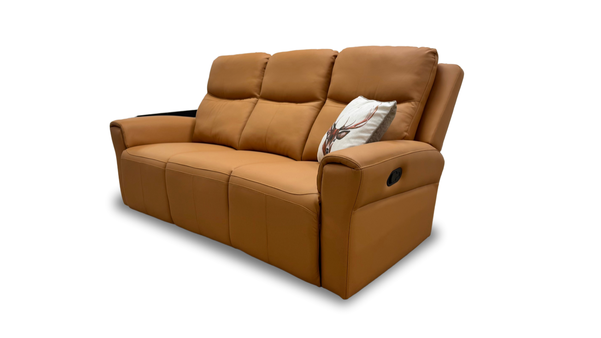 Side view of the sofa, showing the uniform tan leather upholstery.